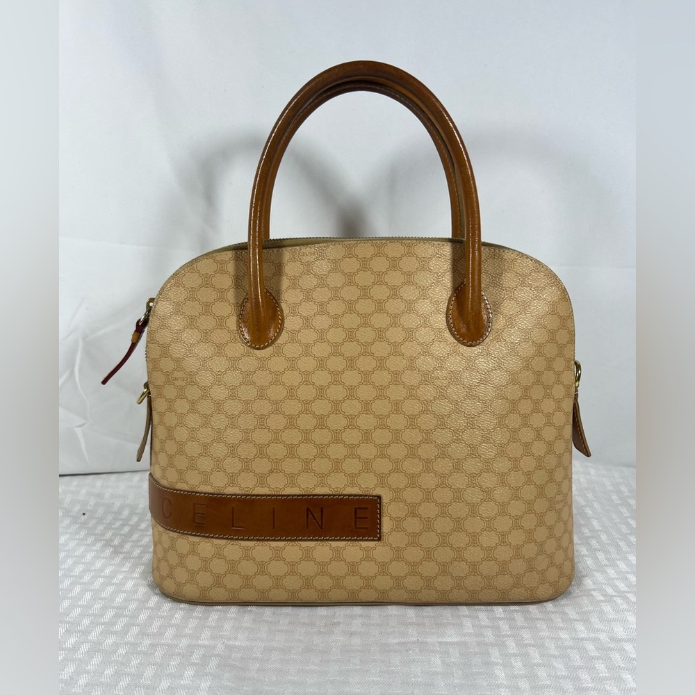 3024: Vintage Celine Macadam Dome Satchel Tan Monogram Leather Italy